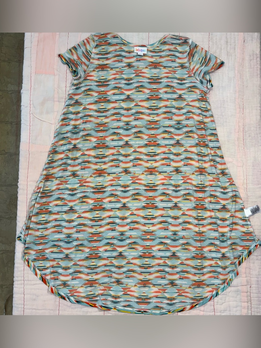 EUC LuLaRoe Girls Scarlett Dress, Sz 12, Aztec Design - Teal, Orange, Yellow - Picture 12 of 13